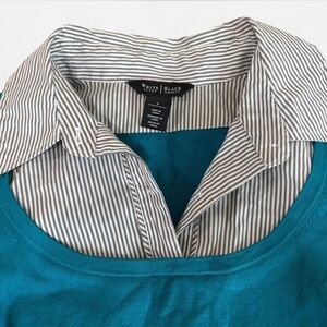 White House Black Market Teal Top with Striped Collar